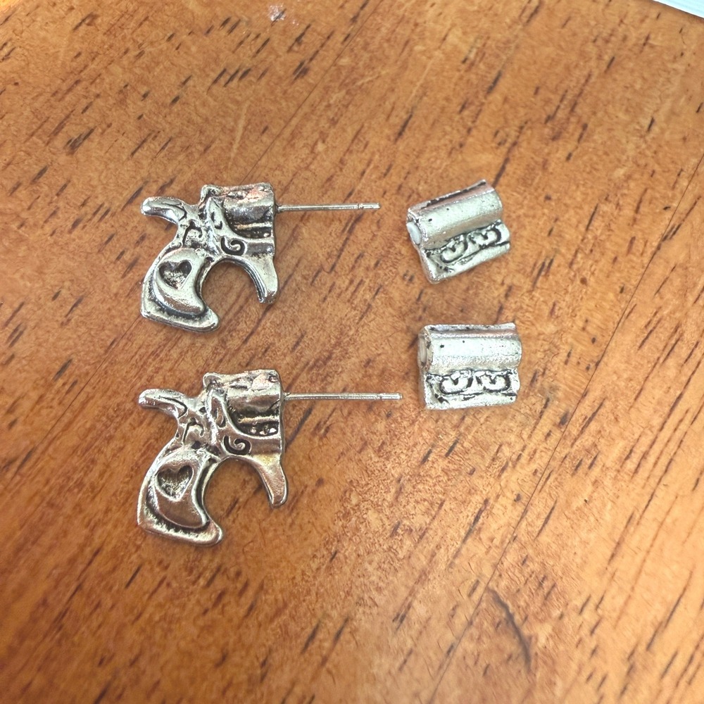 Silver Tone Handgun Revolver Front Back Stud Earrings Western Heart Detail Edgy